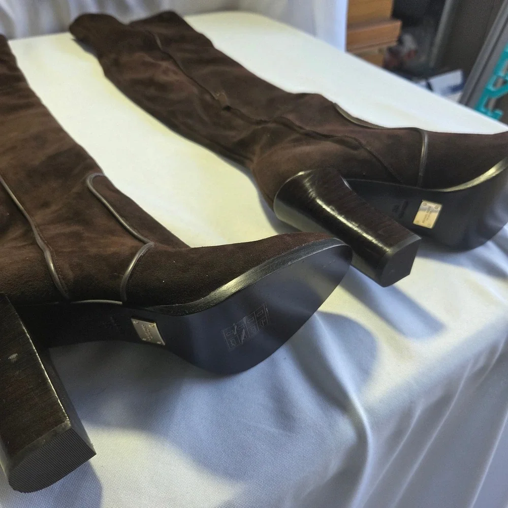 Michael Kors Collection Cutler Brown Suede Over The Knee Block Heel Boots Sz 38‎